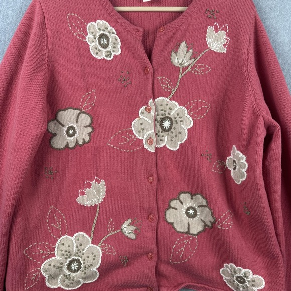 Vintage CJ Banks Sweater Womens 2X Pink Floral Embroidered Cardigan Y2K Granny - Picture 4 of 11